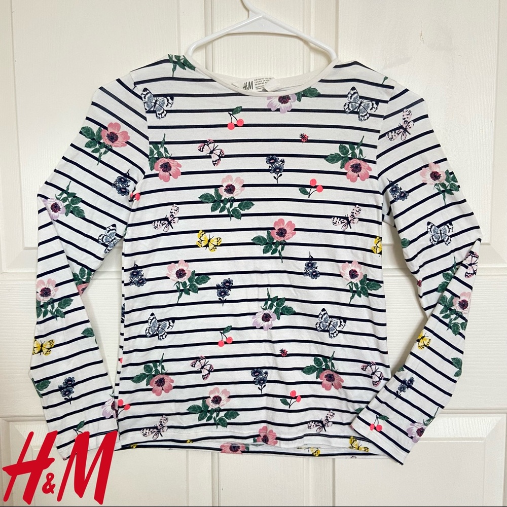 H&M - Black And White Striped Floral Long Sleeve
